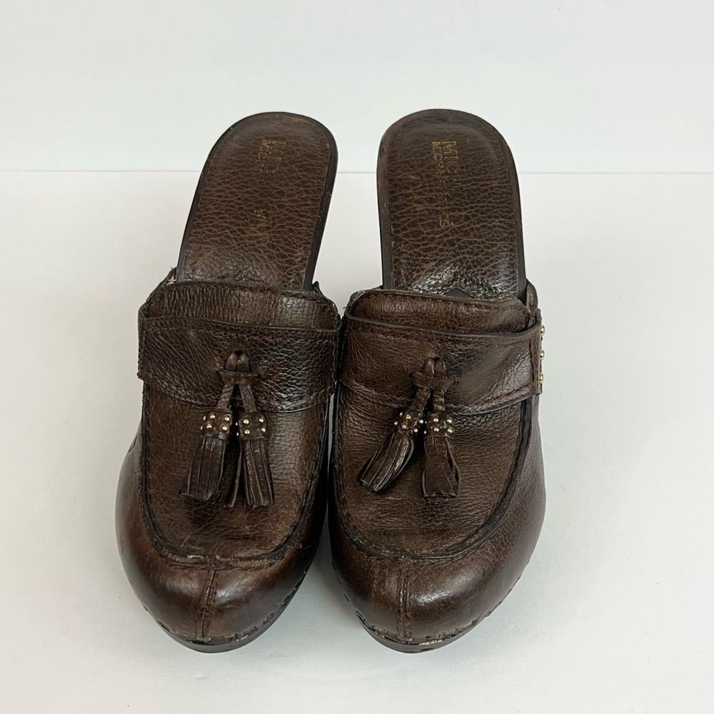 Michael Kors Brown Leather Loafer Mule Tassel Heels Women’s Size 6.5